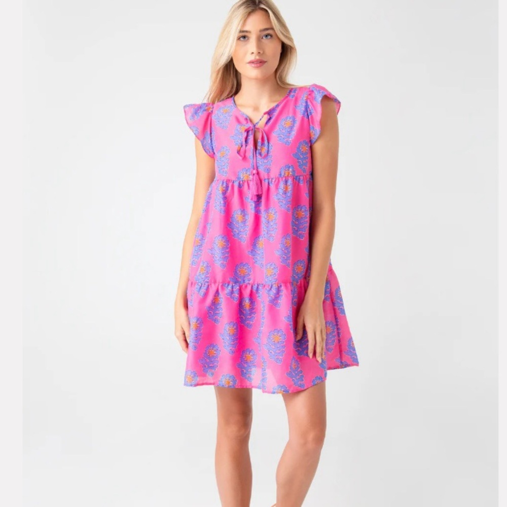 J. Marie Piper Ruffle Dress Pink Floral Tiered Mini - Size Small‎